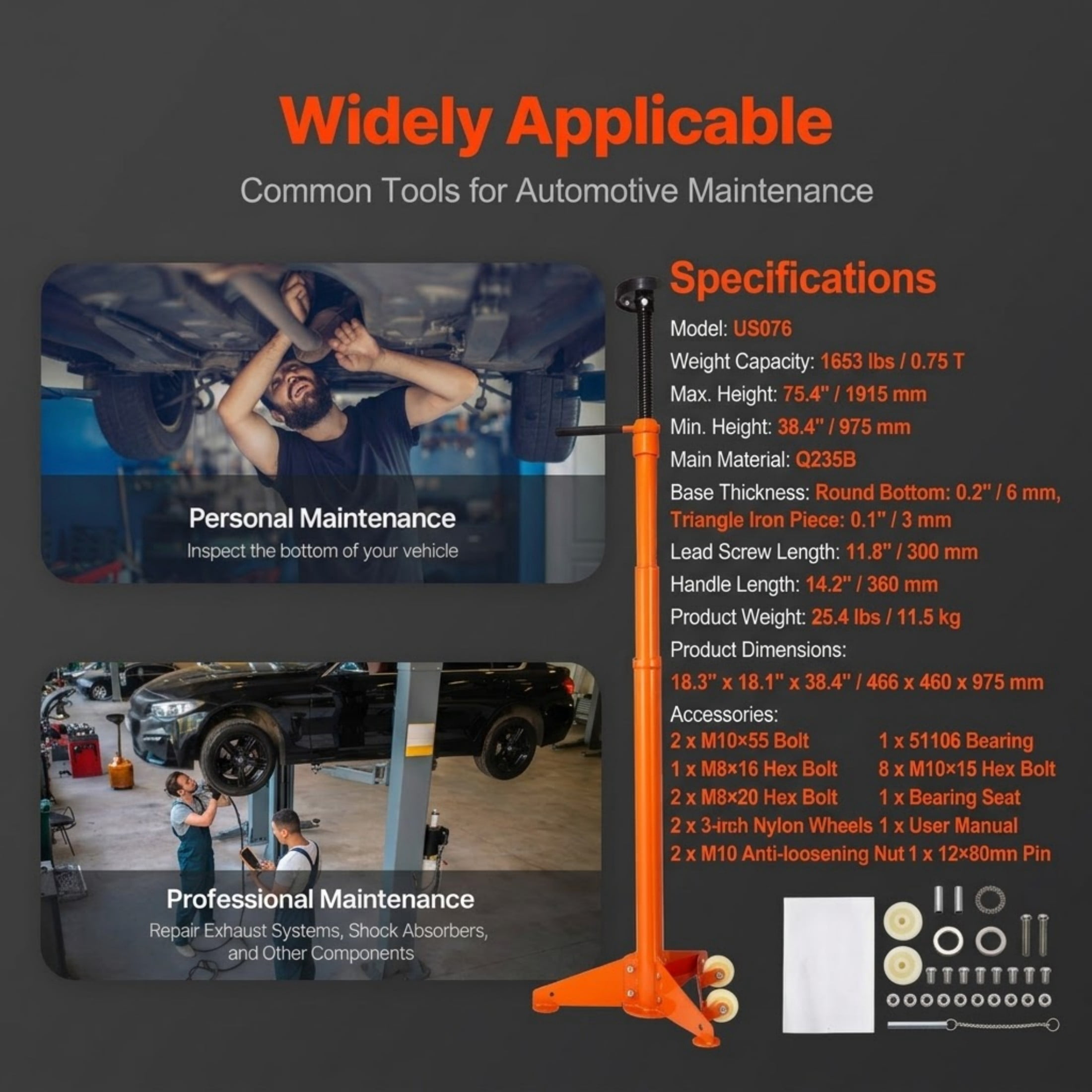 3/4 Ton Underhoist Support Stand, 38.4" to 75.4" Adjustable Jack Stand with Spin Handle and Wheels, Heavy Duty Vehicle Component Support
