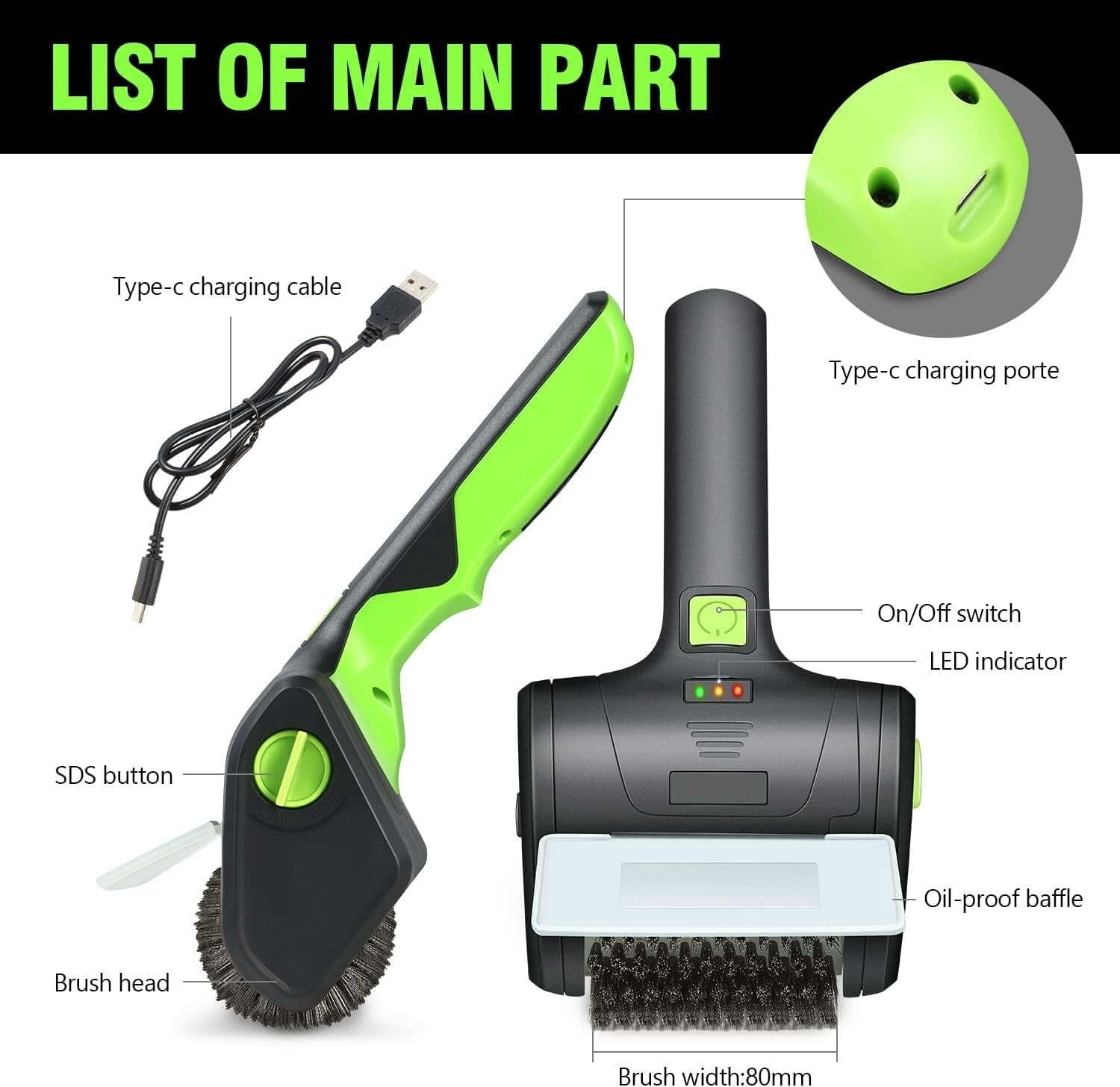 w Cordless Electric Grill Cleaning Scrub Brush Rechargeable with Type-C Charge Cord,Green/Black