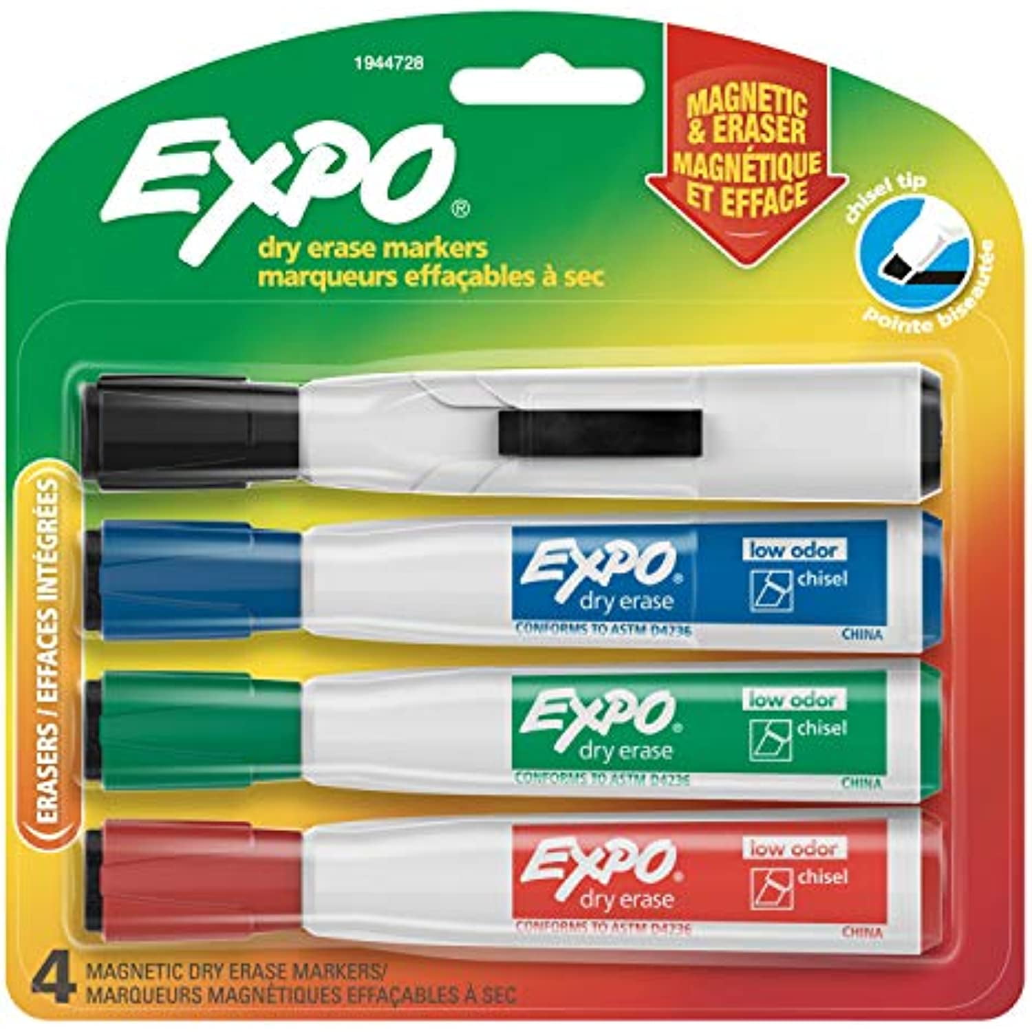 EXPO 1944728 Magnetic Dry Erase Markers with Eraser, Chisel Tip, Assorted, 4-Count