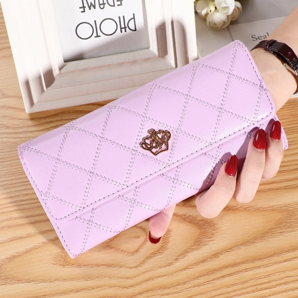 Cartera de mujer larga estilo coreano con hebilla de embrague rombo corona billetera multitarjeta