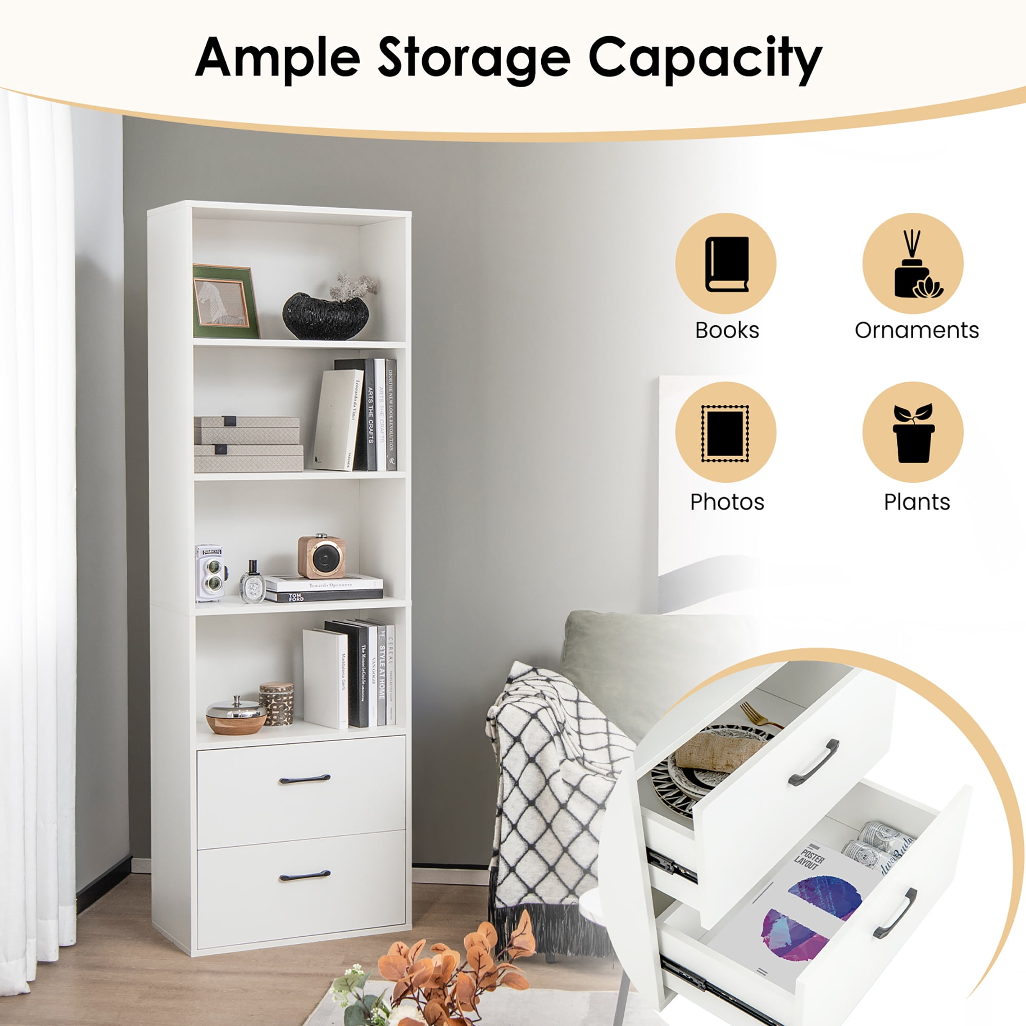 Costway 6-Tier Tall Bookshelf Freestanding Modern Bookcase White Storage Cabinet