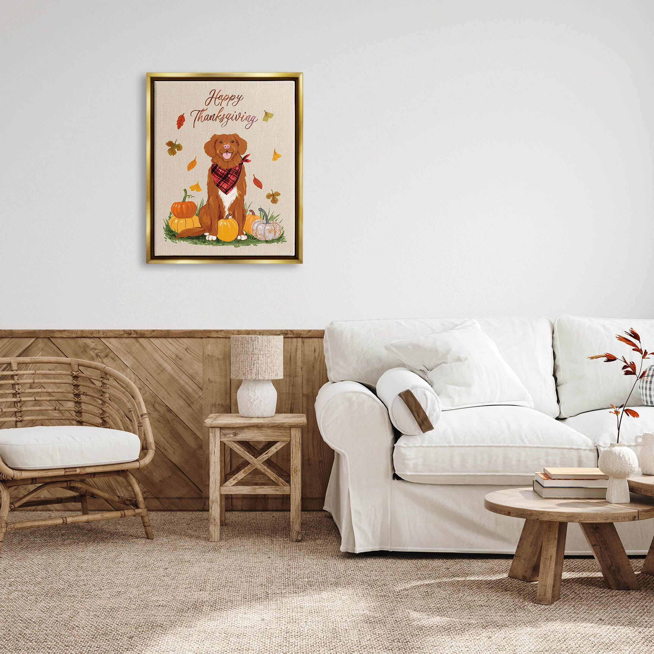 Happy Thanksgiving Pumpkins Dog Holiday Graphic Art Metallic Gold Framed Art Print Wall Art