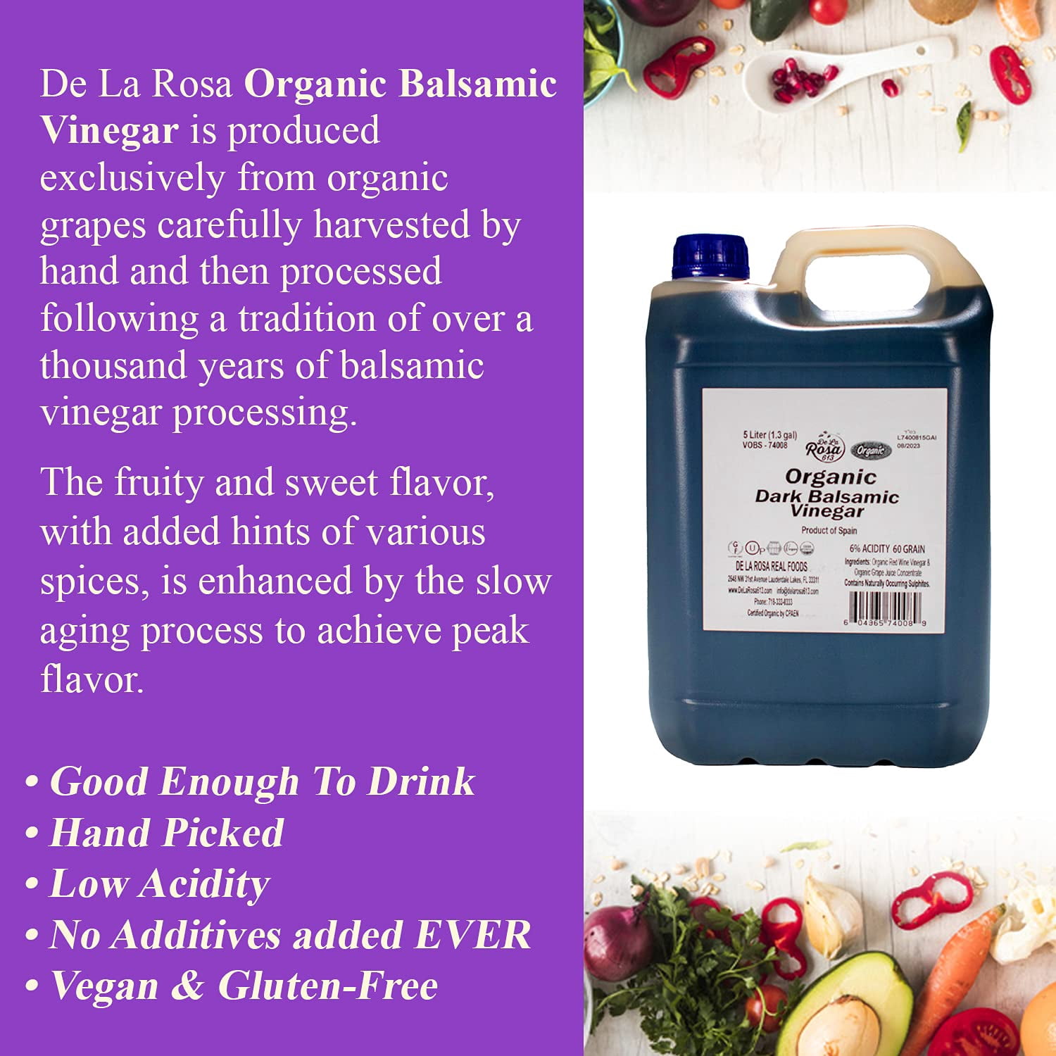 De La Rosa 613 Organic Balsamic Vinegar, 5 Liter, Serving Size 15ml