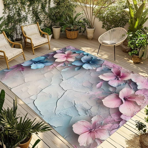 Fsddascl Pink Blue Flower Outdoor Rug for Patio/Deck/Porch, Non-Slip Large Area Rug 5 x 8 Ft, Retro Mottled Walls Pastoral Country Indoor Outdoor Rugs Washable Area Rugs, Camping Rug Carpet