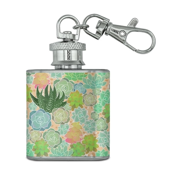 Succulent Cactus Aloe Plants Pattern Stainless Steel 1oz Mini Flask Key Chain