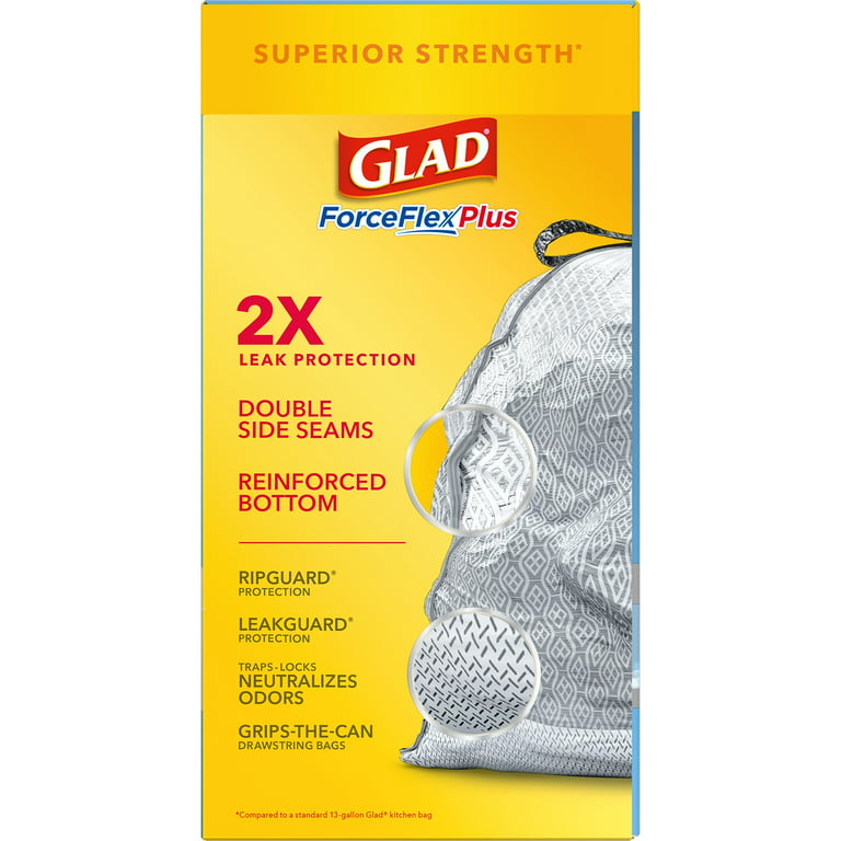 Glad Force Flex Plus 13 Gallon Drawstring Tall Fresh Clean Kitchen Bags 68  Ea, Trash Bags