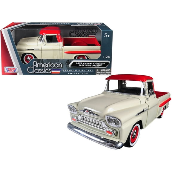 1958 Chevrolet Apache Fleetside Pickup Truck Cream with Red Top 1/24 Diecast Model Car by Motormax
