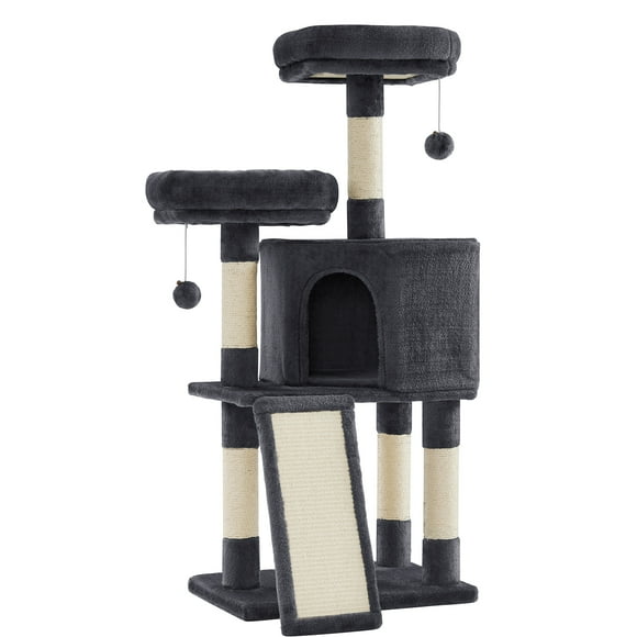 FEANDREA Cat Tree, Cat Tower, 45.3-Inch Cat Condo with Scratching Posts, Ramp, 2 Plush Perches, Cat Cave, for Small Spaces, Apartment, Smoky Gray