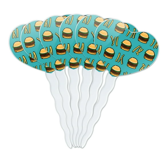 Hamburger and French Fries Pattern Heart Love Cupcake Picks Toppers Decoration Set of 6