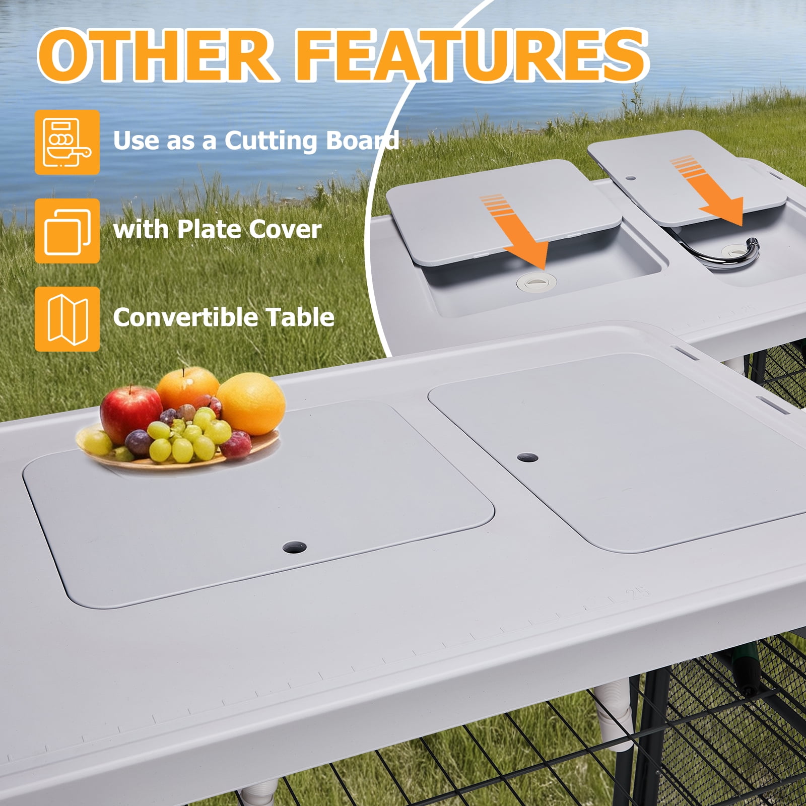 42.5" Fish Cleaning Table with Dual Sink, Portable Folding Camping Table with Foldable Extension Stand, Faucet, Sprayer, Grid Rack & Hose Hook Up, Outdoor Sink Station for Picnic