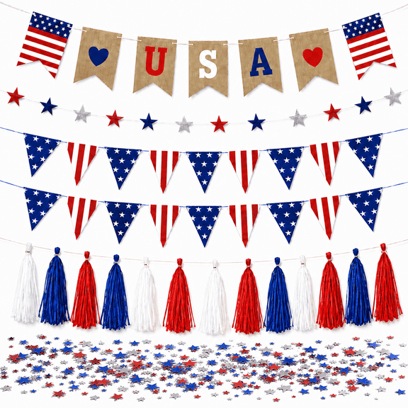 4th of July Decorations Patriotic Party Supplies, Red White and Blue Independence Day Decor Set for Indoor Outdoor, American Flag Banner Bunting Hanging Decorations for Memorial Day Veterans Day