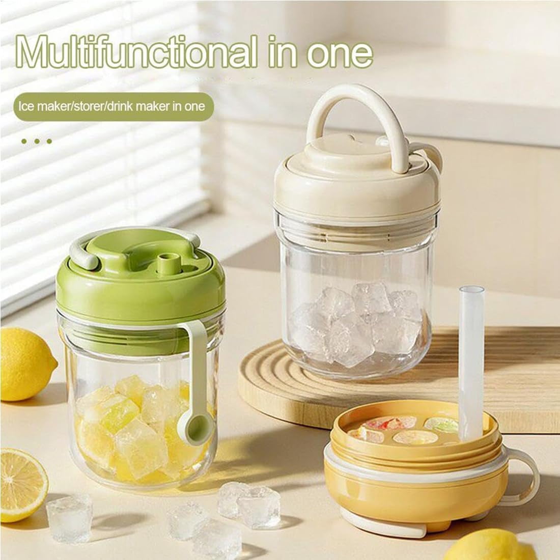 2-in-1 Ice Cube Bottle with Straw, Silicone Push-Release Ice Cube Cup, Touch-Free Press-to-Dispense Ice Tray for Iced Coffee, Cocktail, Whiskey & Juice, Home Office Outdoor