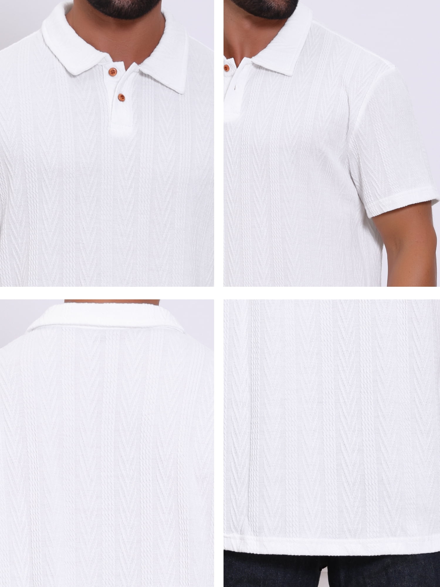 DARING DIVA Men's Jacquard Short Sleeve Button Down Collared Polo Shirts M White