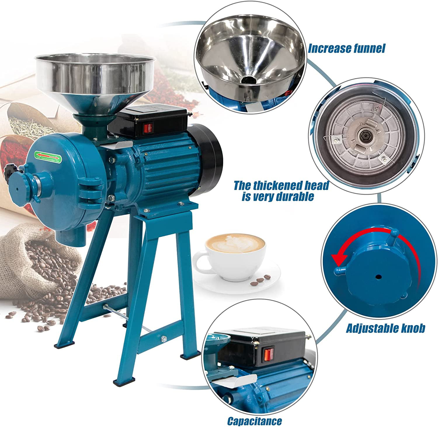 110V 2200W Electric Mill Grinder Heavy Duty Commercial Grain Grinder  Machine Dry Feed Flour Mills for Cereals Rice Corn Wheat Grain Wheat with  Funnel