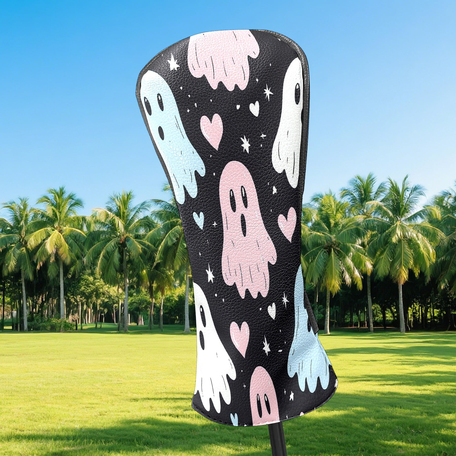 Golf Club Covers, Black GhostHeart Premium PU Leather Driver Hybrid Putter Head Covers with Velvet Lining, Waterproof Golf Gifts for Men Women