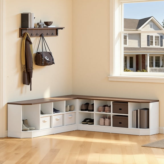 Uforic Corner Shoe Cabinet with Bench & Hooks, L Shape Shoe Cube with Coat Rack & Hidden Storage, Entryway Shoe Rack, White
