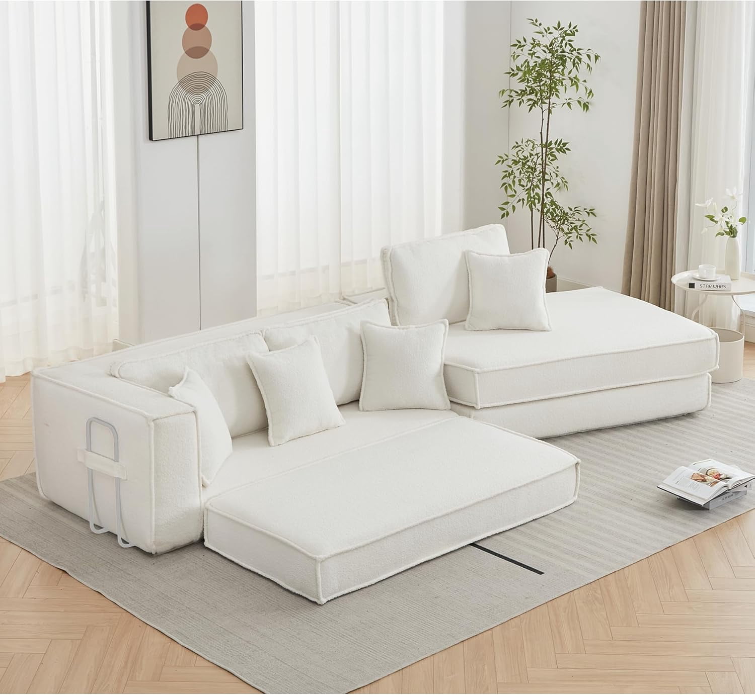 Howcool 133" Modular Cloud Sectional Sofa Bed, 2-in-1 Folding Convertible Couch, Lamb Velvet Fabric, Deep Seat Floor Gaming Sofa, 3-Seat Sleeper for Living Room, Beige