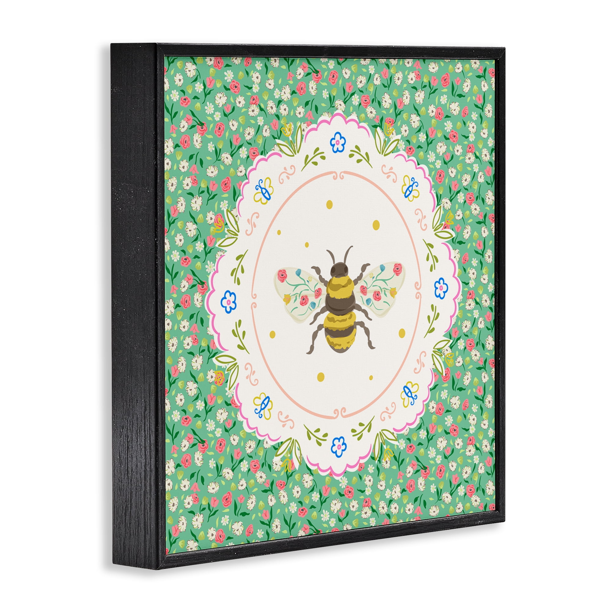 Spring Bee Delicate Florals Black Framed Giclee Art, design by Angela Steahling