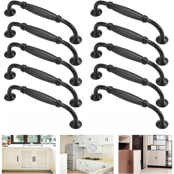 Jinsinto 10 Pieces Black Cabinet Door Handles Aluminum Alloy Furniture Handles Cupboard Knobs Kitchen Pulls Country Style Wardrobe Knobs Drawer Pulls (Hole Distance 128mm)