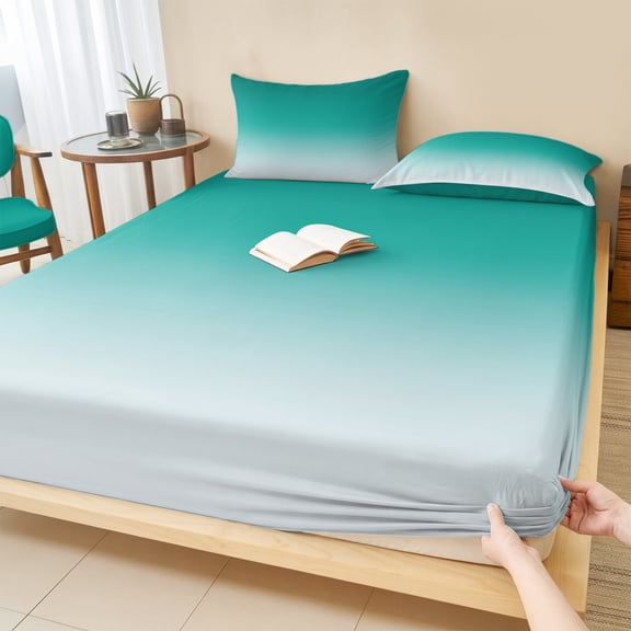 King Size Fitted Sheet Set - Teal Ombre 3 Piece Bedding Sets 16" Deep Pocket Fitted Sheet with 2 Pillowcases, Turquoise White Gradient Modern Abstract Art Brushed Microfiber Hotel Luxury Bed Sheets