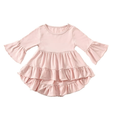 

Kids Toddler Baby Girls Autumn Summer Solid Cotton Long Ruffle Sleeve Princess Dress Clothes