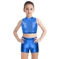 thumbnail image 6 of inhzoy Kids Girls 2 Piece Shiny Dance Outfits Crop Top Metallic Shorts Set Blue 6, 6 of 7
