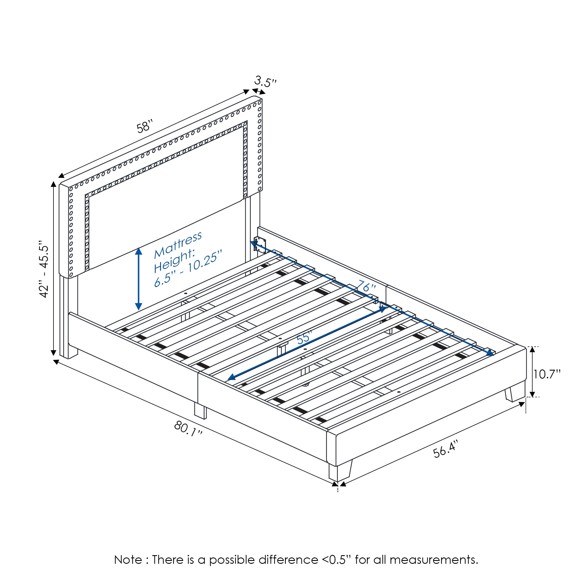 Furinno LAVAL Full Upholstered Bed Frame with Double-Row Nailhead Headboard and 12-Piece Wooden Slat Support, Dark Grey