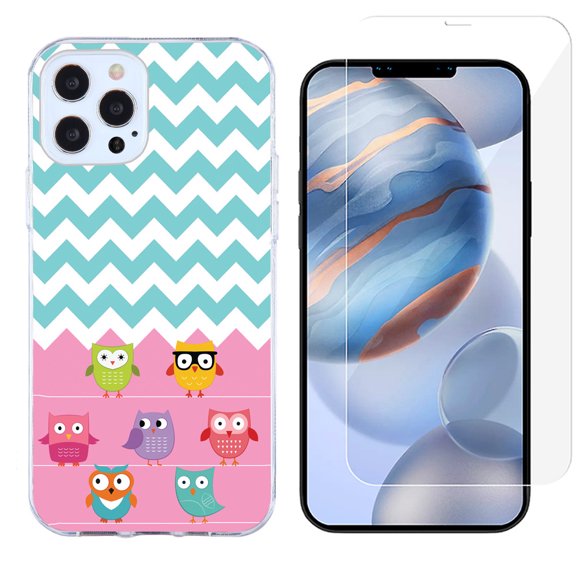 Slim-Fit Protective Phone Case compatible with iPhone 12 Pro Max, with Tempered Glass Screen Protector, by OneToughShield ® - Chevron/Teal/Owl