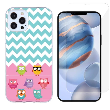 Slim-Fit Protective Phone Case compatible with iPhone 12 Pro Max with Tempered Glass Screen Protector by OneToughShield ® - Chevron/Teal/Owl