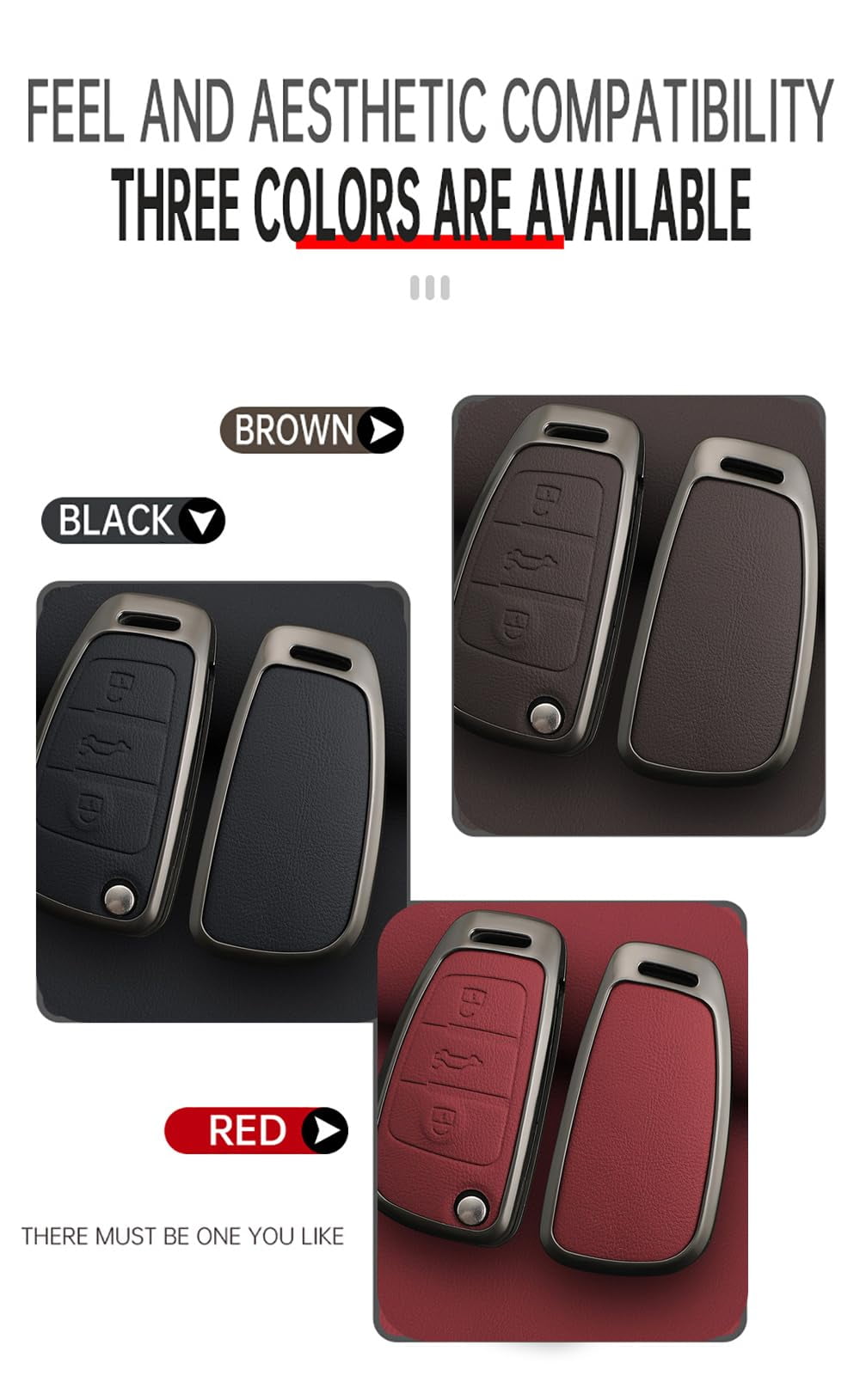 Flip Key Fob Cover Case Metal & Leather Compatible with Audi A1 A3 A4 A6 A8 Quattro Q3 Q7 S3 S6 RS3 RS6 R8 TT TTS Keyless