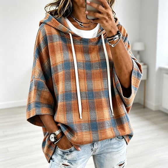 yoeyez Women's Plaid Hooded 3/4 Sleeve Pullover Tops Sweatshirts Dressy Casual Style for Everyday Fall Outfits Orange XXL
