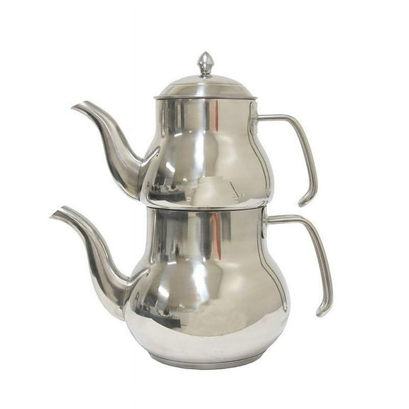 Traditional Persian Russian Middle Eastern Arabic Turkish Induction Korkmaz Double Tea Kettle Thick Stainless Steel Top Teapot 2-Pc Set 2-Liter   1 Liter Pot Samovar Chai