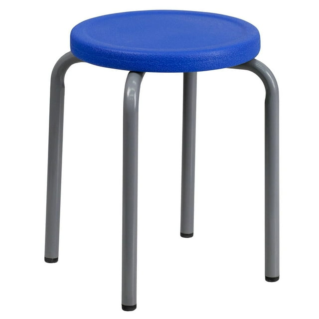 Stackable Stool with Blue Seat and Silver Powder Coated Frame