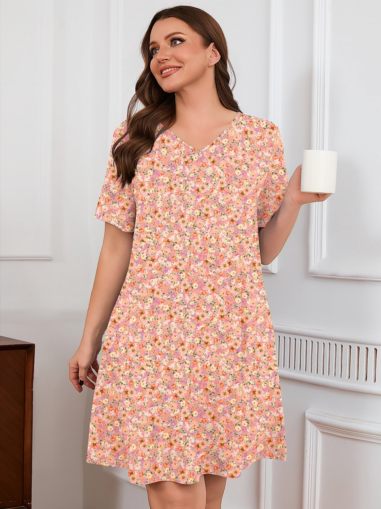 SHOWMALL Nightgowns for Plus Women Soft Short Sleeve Pajama Dress with Pockets for Sleep Night Soft Bloom Pink 3X