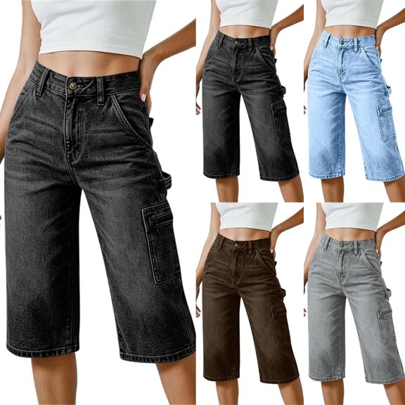 Women's High Waist Knee Length Denim Pants Loose Wide Leg Capri Jeans with Pockets Y2K Casual Jeans Trendy Vintage Streetwear Light Blue