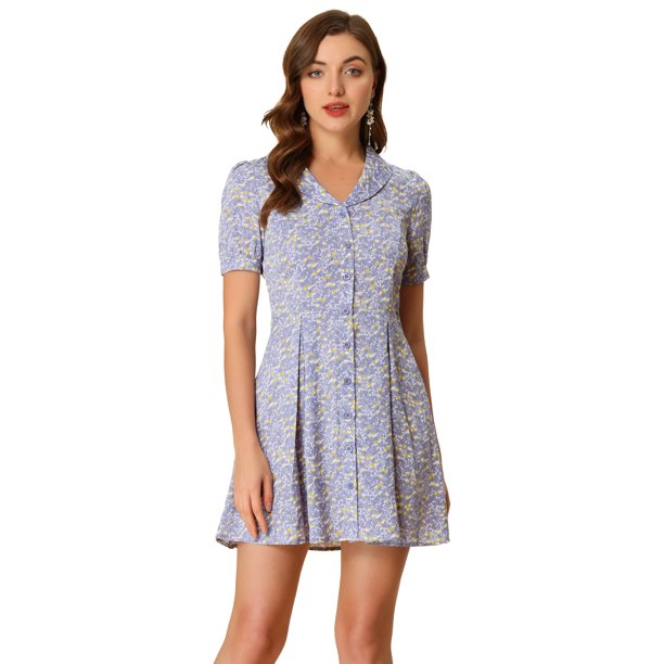 Vestido Camisero Allegra K de Manga Corta con cuello en V y estampado floral Púrpura XL
