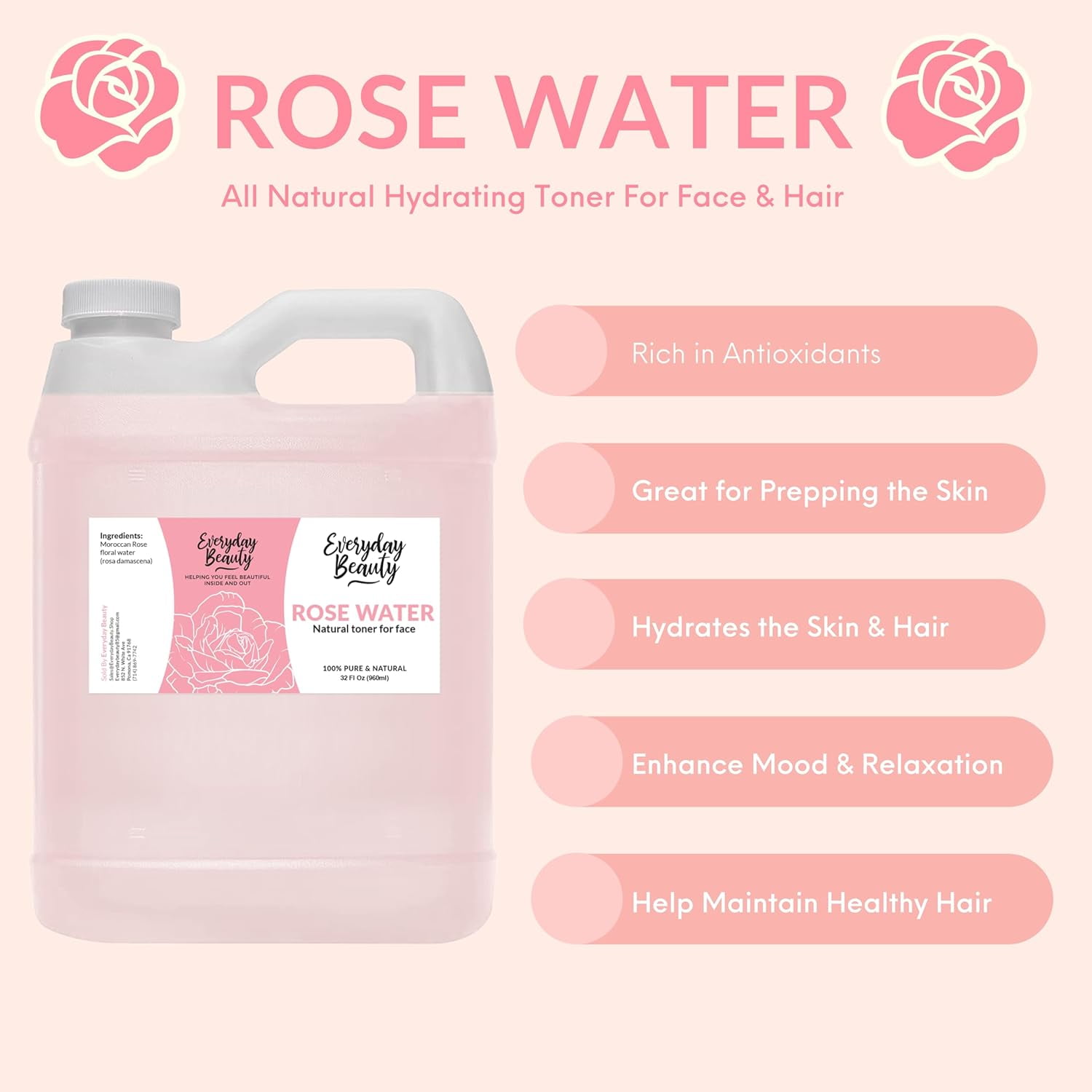 Rose Water Facial Toner - Alcohol-Free Vegan All Natural Refreshing for Face and Hair - Uplifts, Calming & Soothing for All Skin Types - 32oz