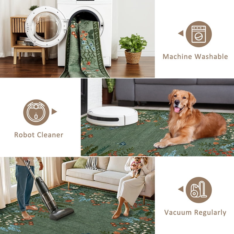 Washable 2x6 Runner Rugs, Large Living Room Rug, Non-Slip Soft Floral Rugs for Bedroom, Botanical Area Rug Carpet for Dining Room Guest Room (Green,2'x6')