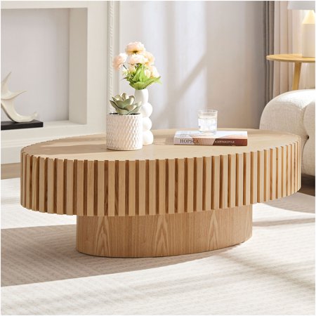 JERFIT Modern Oval Drum Coffee Table for Living Room, Natural Ash Finish Pedestal End Table with Storage Shelf