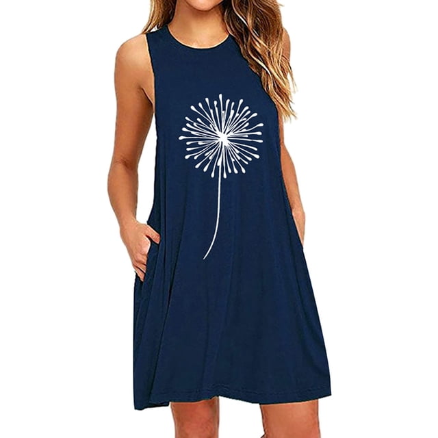 SMihono Robe d'Été pour Femmes Grande Taille Mode Poches Pissenlits Imprimé Sans Manches Robe de Nuit Décontractée