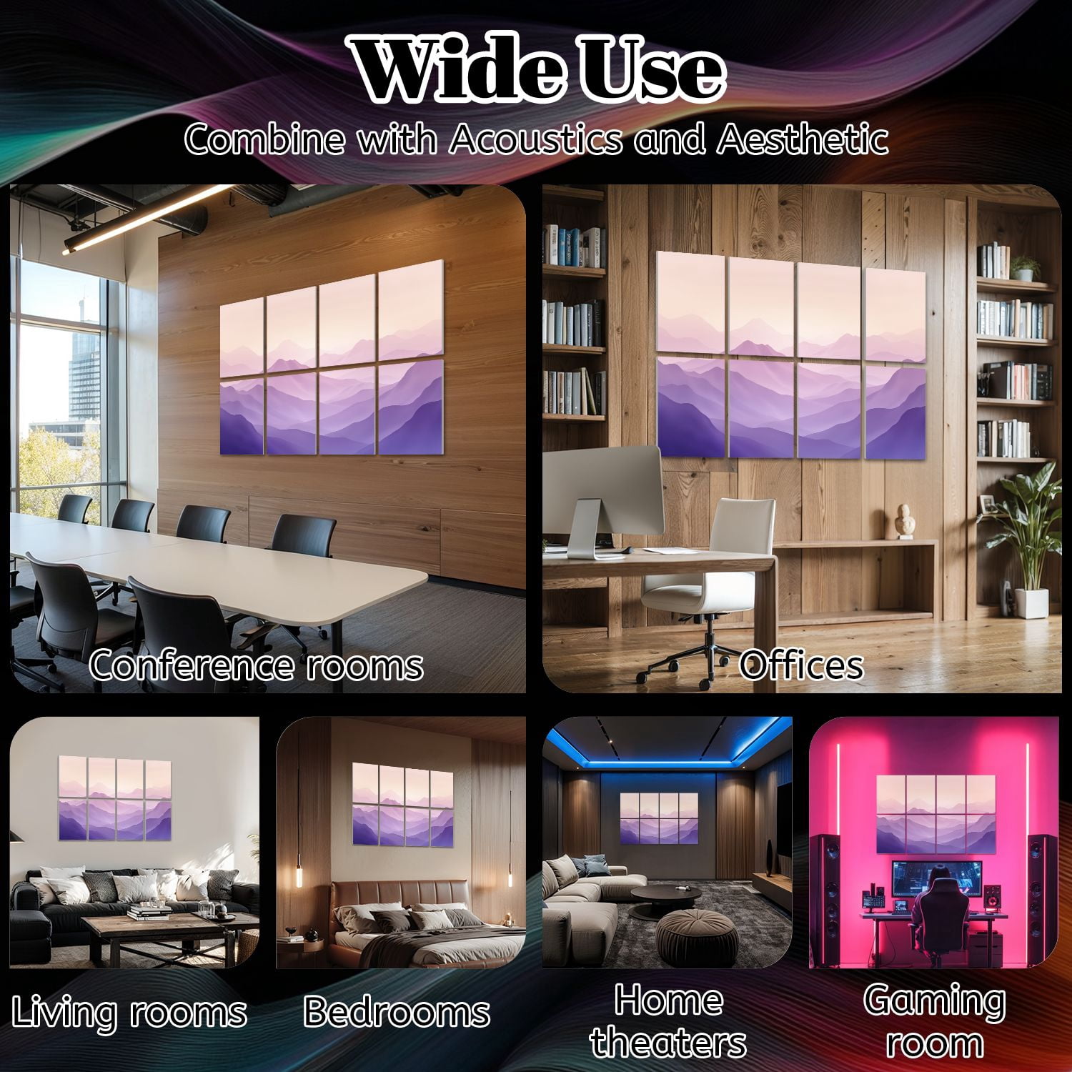 8 Pack Art Acoustic Panels Sound Absorbing Abstract Gradient Landscape Soft Pastel Pink Purple Hills Decorative Soundproof Wall Panels Self Adhesive for Nursery Game Room Bedroom 48"x32"