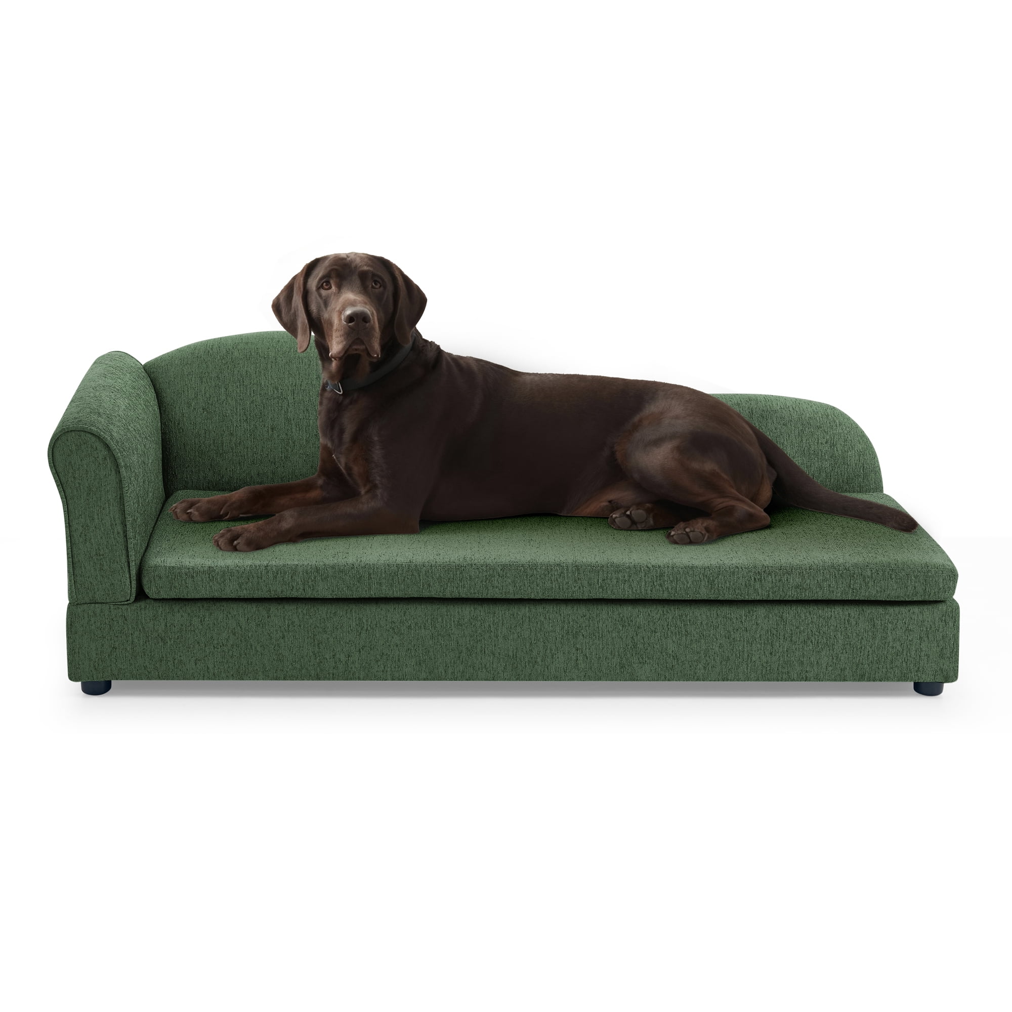 Oversized Pet Sofa for Medium Large Dogs, Modern Irregular Wave Backrest, Single Armrest, Premium Breathable Linen Fabric, Soft Cushion & Low Plastic Feet, Olive Green