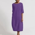 thumbnail image 1 of CHOK Robe en Coton et Lin pour Femmes Grande Taille Manches 3/4 Col Rond Coupe Ample Robe Midi Unie, 1 of 4