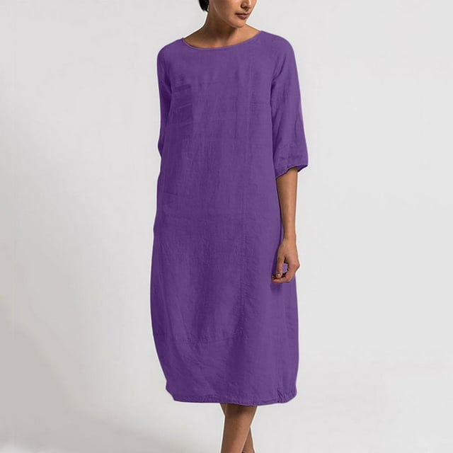 CHOK Robe en Coton et Lin pour Femmes Grande Taille Manches 3/4 Col Rond Coupe Ample Robe Midi Unie