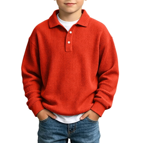 SERTGUTR Boys' Waffle Knit Pullover Button Lapel Collar Drop Shoulder Long Sleeve Ribbed Cuffs Hem Relaxed Fit Warm Top School Everyday Wear Outerwear