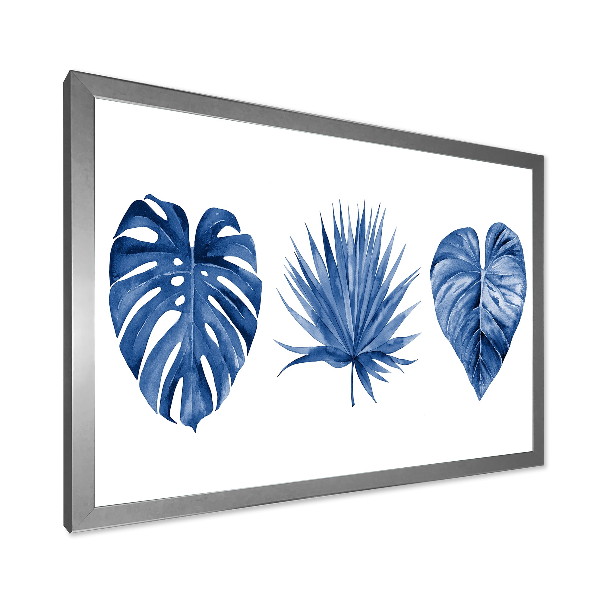 Designart 'Tropical Leaves In Classic Blue ' Tropical Framed Art Print