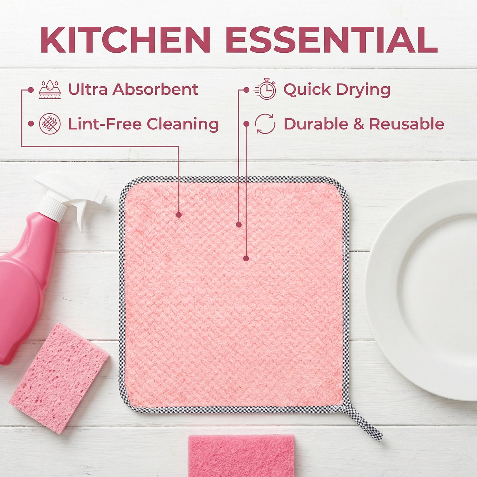 Unique Bargains 3Pcs Hanging Microfiber Reusable Kitchen Dish Cloths Pink 10" x 10"