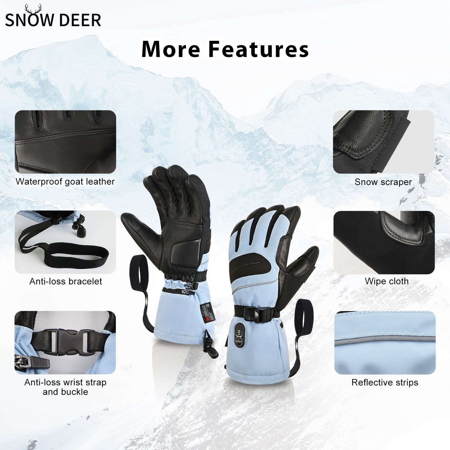 SNOW DEER Heated Gloves for Men Women Heated Ski Gloves 10h Warm 7.4V 3000mAh Battery Fast Charging Thick Lining Waterproof Goatskin Palm Anti Loss Lanyard Outdoor Skiing Snowboarding for Winter