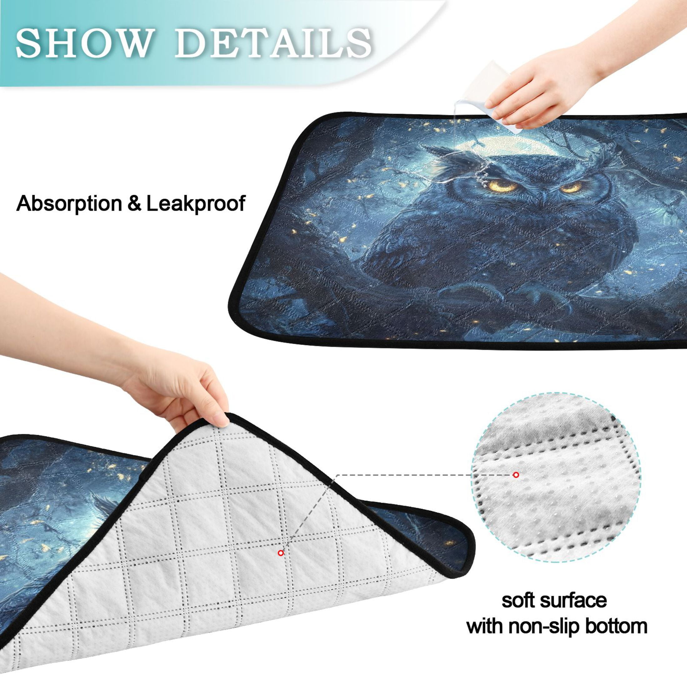 Qxltty Owl in The Moonlight Pattern Cat litter Pads Pet Set of 3 Diaper Mats Center Anti-leakage Layer Absorbent Soft and Comfortable