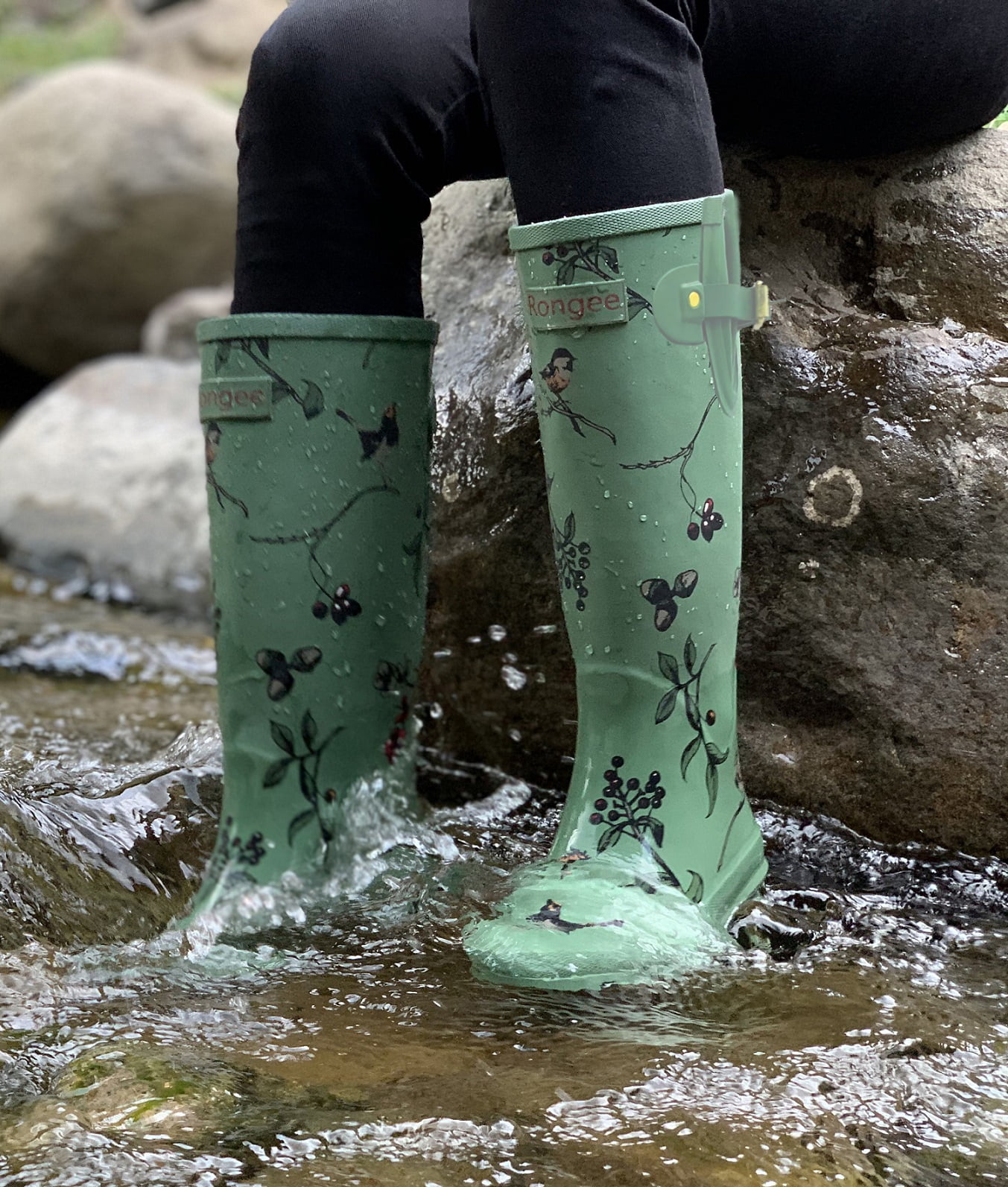 Rongee Rain Boots for Women Waterproof Outdoor Garden Shoes Bird Tree Printed 8 (B(M) US)